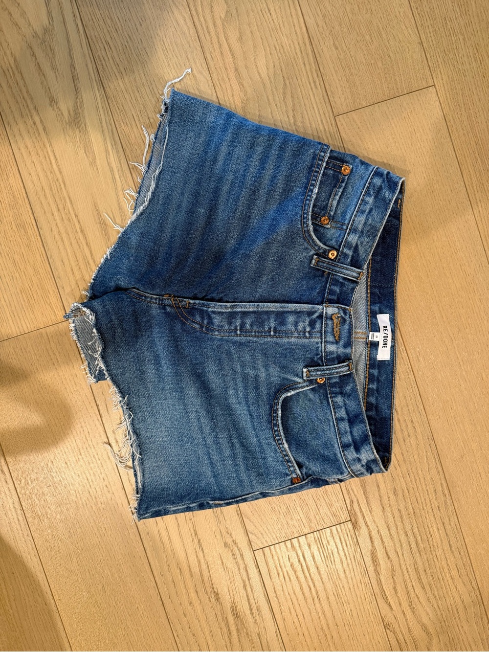 Re/Done Medium Blue High-Rise Frayed Denim Shorts